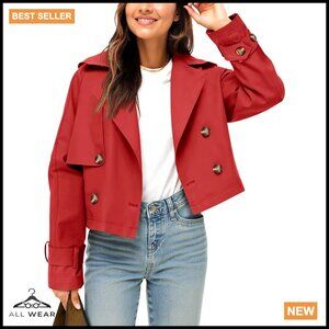 Cropped Trench Coat Double Breasted Lapel Vintage Casual Lightweight Jacket